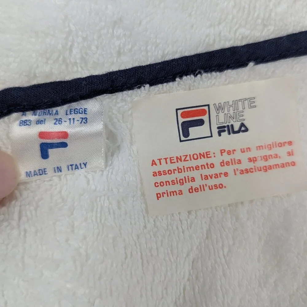 FILA White Line Bath Towel Vtg 73 Italy White Navy Embroidered Logo 100% Cotton
